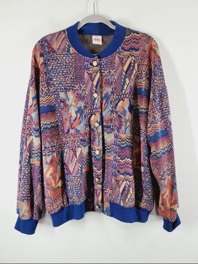 Graff Colorful Knit Button-Up Cardigan with Blue Trim, Size 20